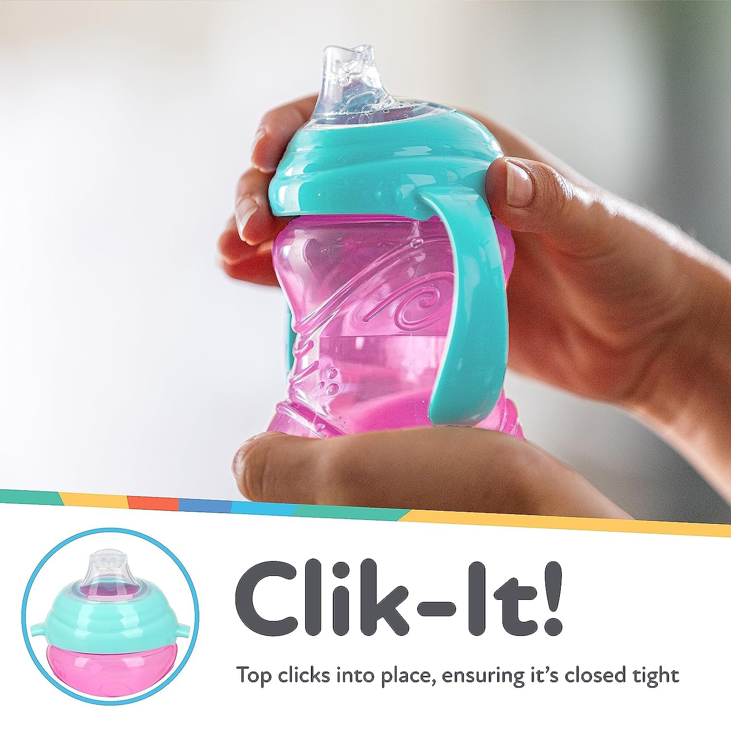 Nuby Clik-It Grip N' Sip 3-Pack Sippy Cups with Soft Spout and Handles - No-Spill Training Cups for Babies 4+ Months - 10 oz (Aqua/Purple/Pink)