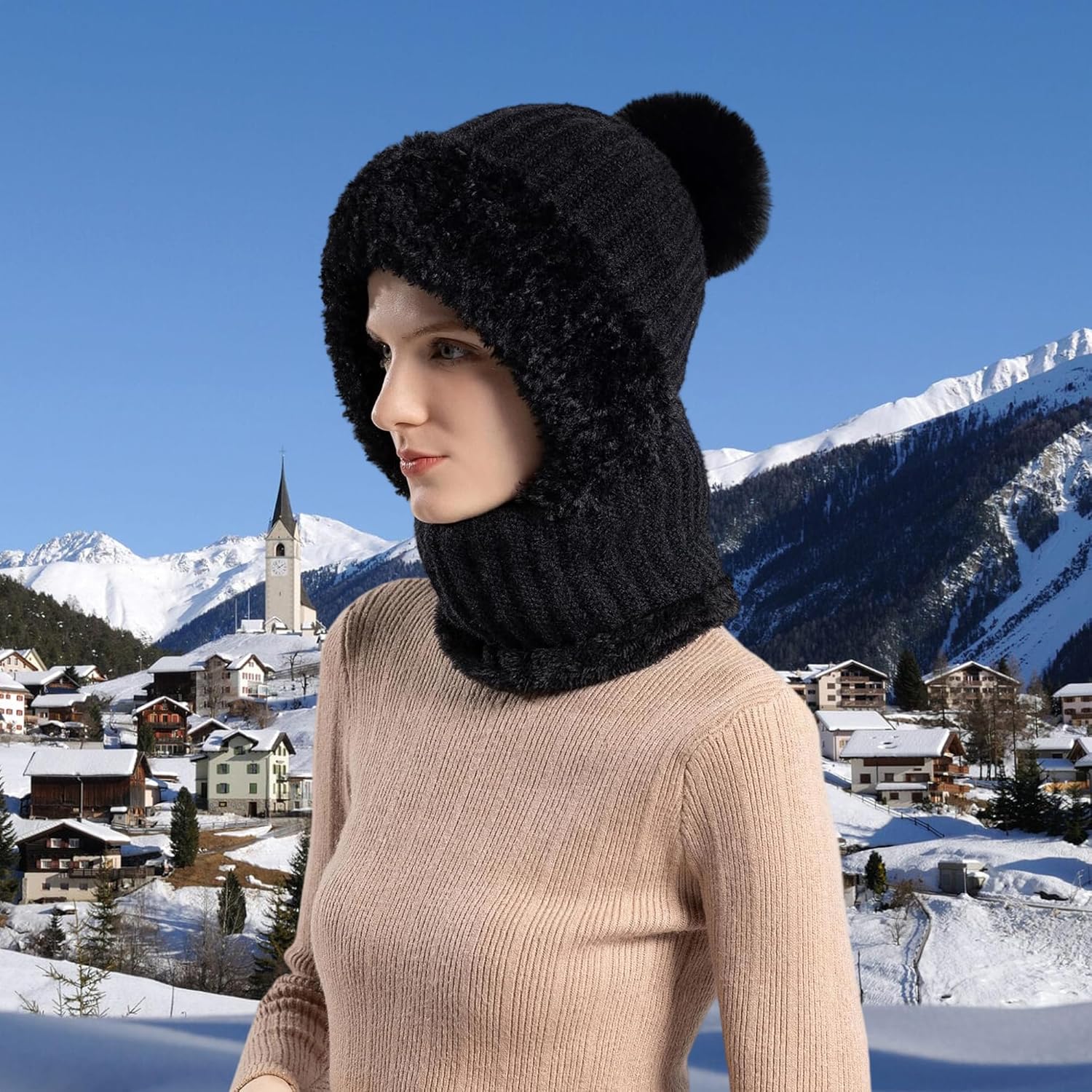 HUAMULAN Women's Winter Fleece Lined Knit Beanie & Balaclava Set - Warm Pom Pom Skull Cap with Neck Warmer for Skiing, Snowboarding & Cold Weather