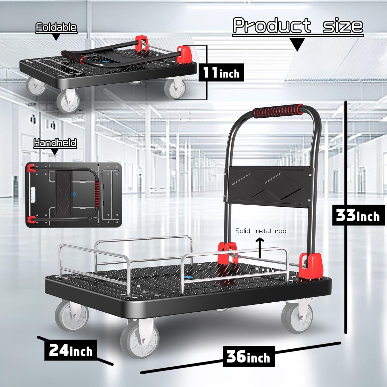 1300lbs Heavy Duty Folding Platform Truck with Brakes – 36x24 Inch Flatbed Cart with Removable Fence for Warehouse, Office, and Garage Moving