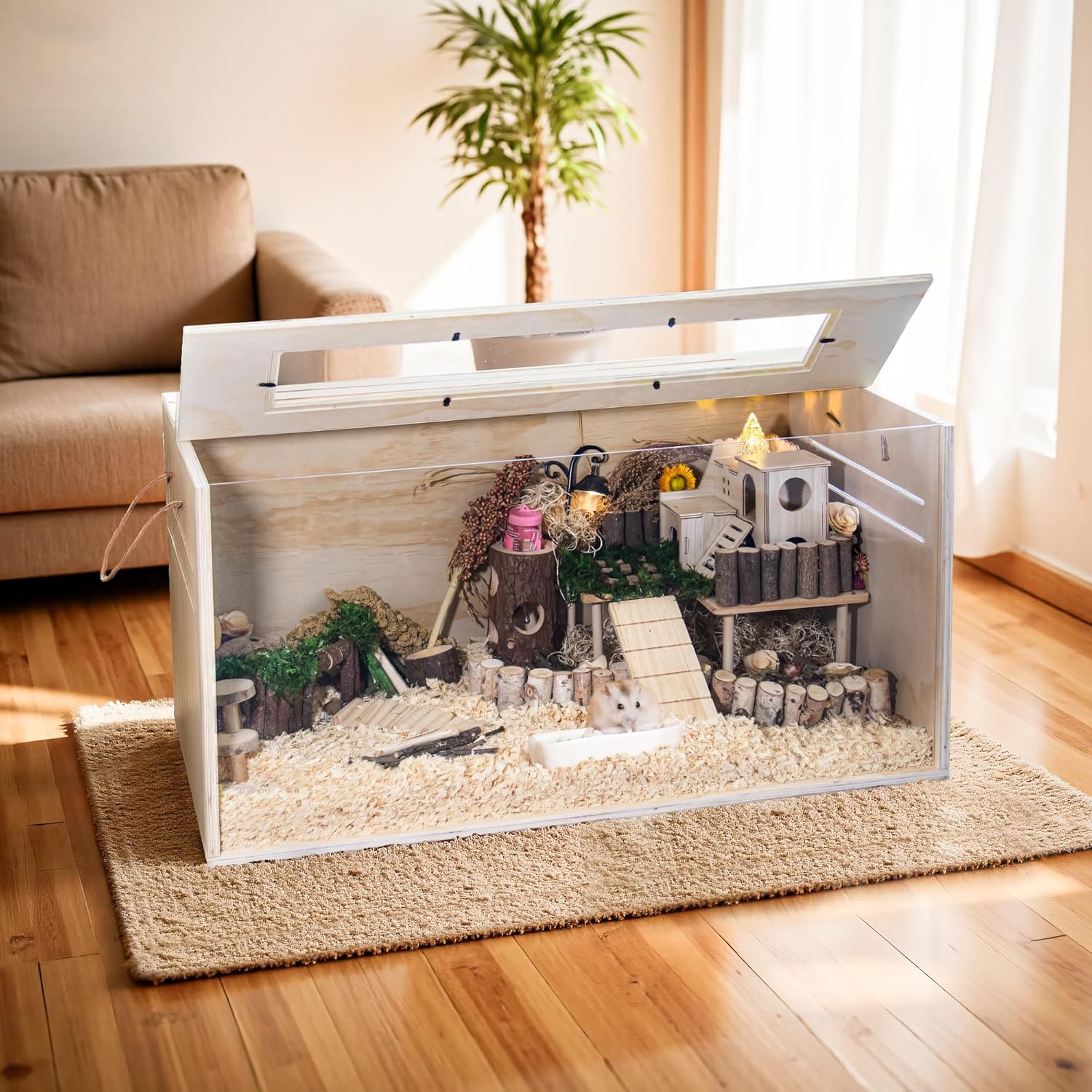 Chew-Proof Wooden Small Animal Cage with Acrylic Viewing Panels – 32” Modern Hamster, Guinea Pig & Rabbit Habitat with Open Top