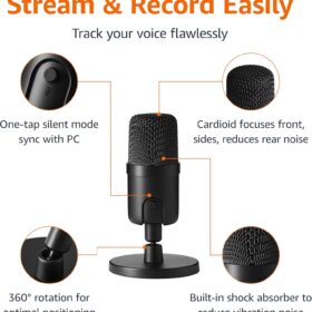 Amazon Basics USB Condenser Microphone – Plug & PC Play for Podcasting, Streaming, and Vocal Recording with Adjustable Stand