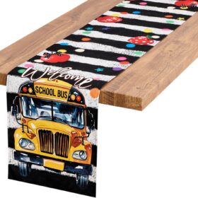 Letjolt Back to School Table Runner - 72 Inch School Bus Themed Party Decorations for Classroom, Graduation & Open House - Linen-Like Fabric