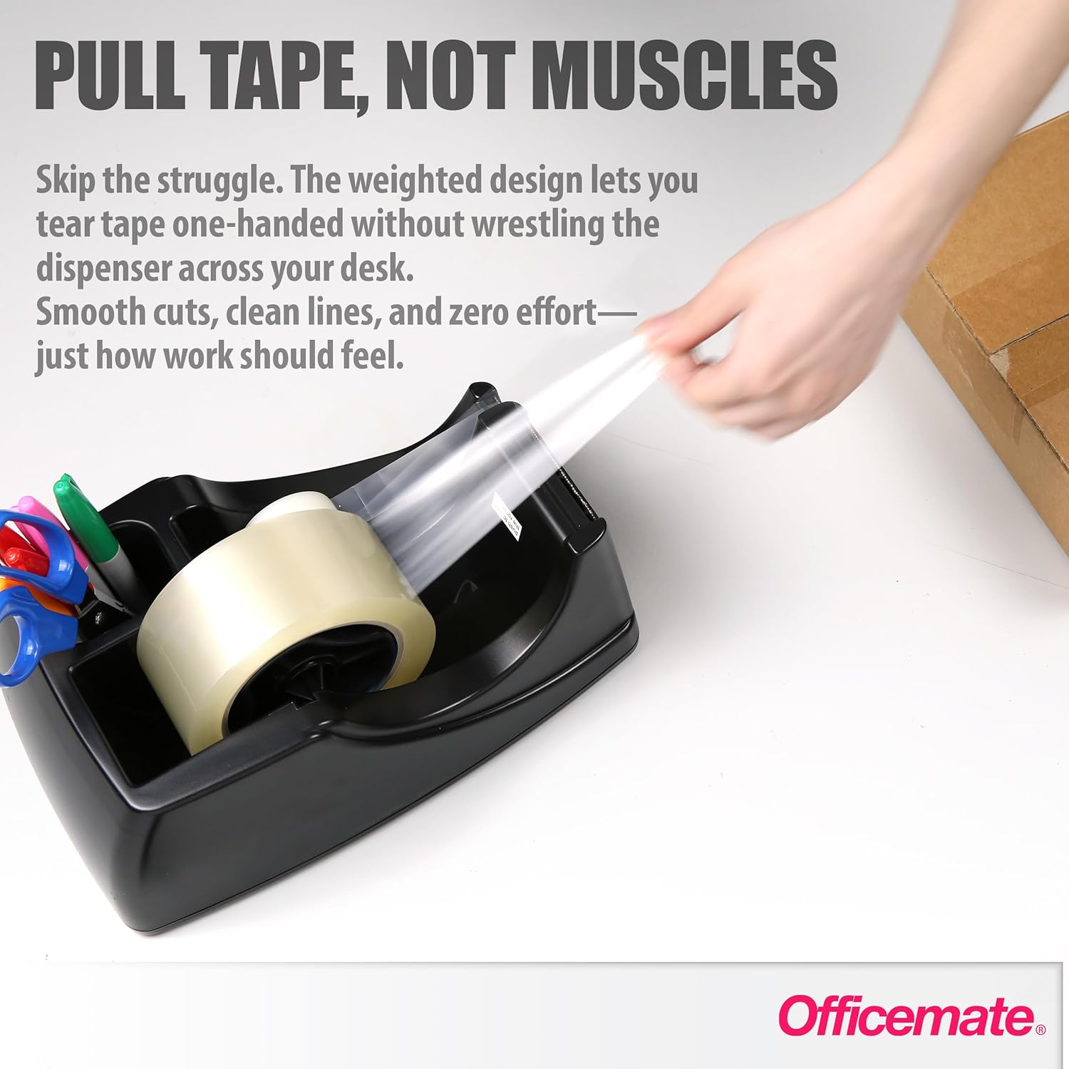 Officemate Heavy Duty 2-in-1 Recycled Tape Dispenser – Non-Slip Weighted Base for 1" & 3" Cores with Pen Storage, Black