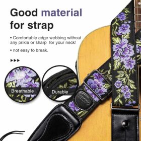 LEKATO Flower Guitar Strap for Bass & Electric - 2 Inch Vintage Woven Cotton Strap with Leather Ends, Pick Holder & Strap Locks Included