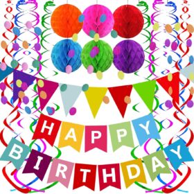 Fecedy All-Inclusive Happy Birthday Party Decoration Kit – Colorful Banner, Honeycomb Balls, Confetti & Swirls