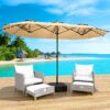 LEVELEVE 14FT Rectangular Solar LED Patio Umbrella with Base & Cross Bar – Khaki Double-Sided Outdoor Market Umbrella with UPF 50+ UV Protection