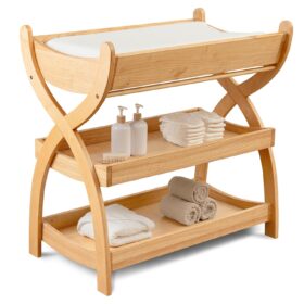 Comfy Cubs Natural Wood Baby Changing Table with Storage – Sturdy Nursery Station with 2 Open Shelves for Diapers & Wipes, Standard Pad Ready Design