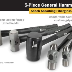 Titan 5-Piece Professional Hammer Set – Heavy Duty Sledge, Ball Pein, & Rubber Mallet Kit with Shock-Absorbing Fiberglass Handles
