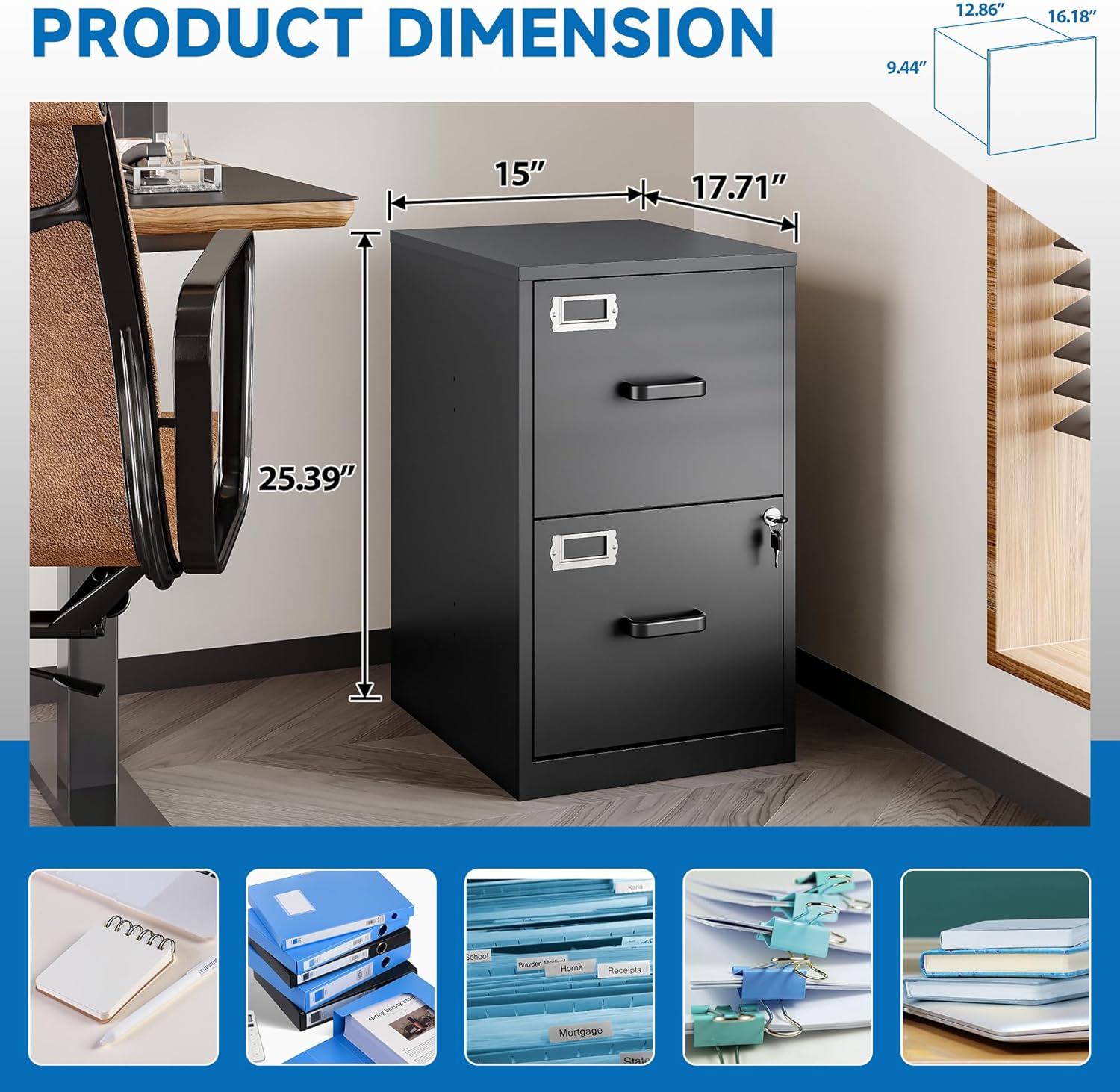 2-Drawer Locking Vertical File Cabinet - Steel Mobile Filing Cabinet for Home & Office