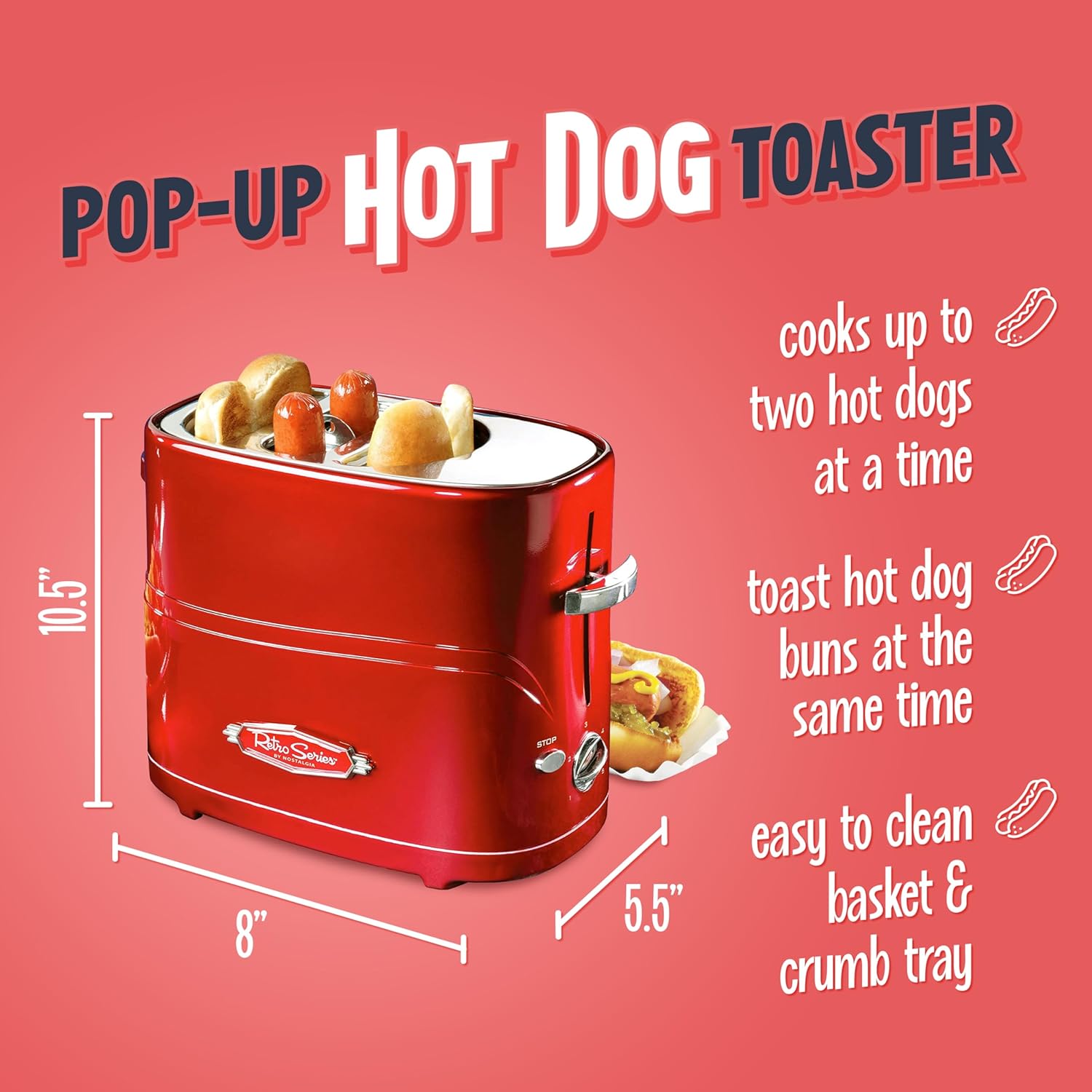 Nostalgia HDT600RETRORED Retro Series 2-Slot Hot Dog and Bun Toaster – Rapid Cooker for Beef, Chicken, Veggie Links & More, Includes Mini Tongs