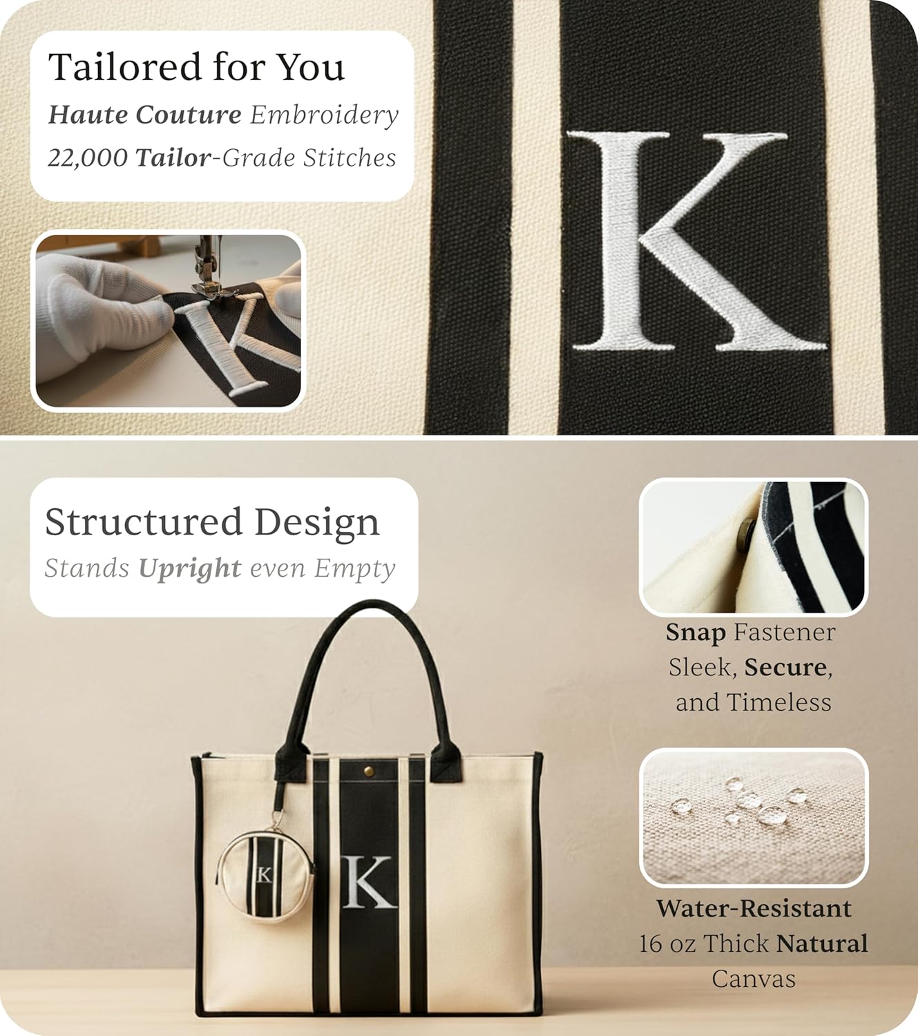 LEAFICO Initial Canvas Tote Bag – Personalized Monogram Shoulder Handbag | Unique Letter Print Gift for Women, Bridesmaids, & Birthdays