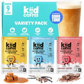 Kiid Coffee Single Serve Sampler – 99.9% Caffeine-Free Organic Coffee for Kids – Variety 3-Pack (Original, Choco', Caramel) – 12 Vitamins & Minerals, 0g Sugar, Non-GMO, Vegan – 9 Instant Stick Packs