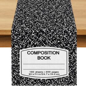 Composition Notebook Table Runner – 13x72 Inch Back to School & Teacher Appreciation Party Decor – Linen Dining Room & Kitchen Tablecloth