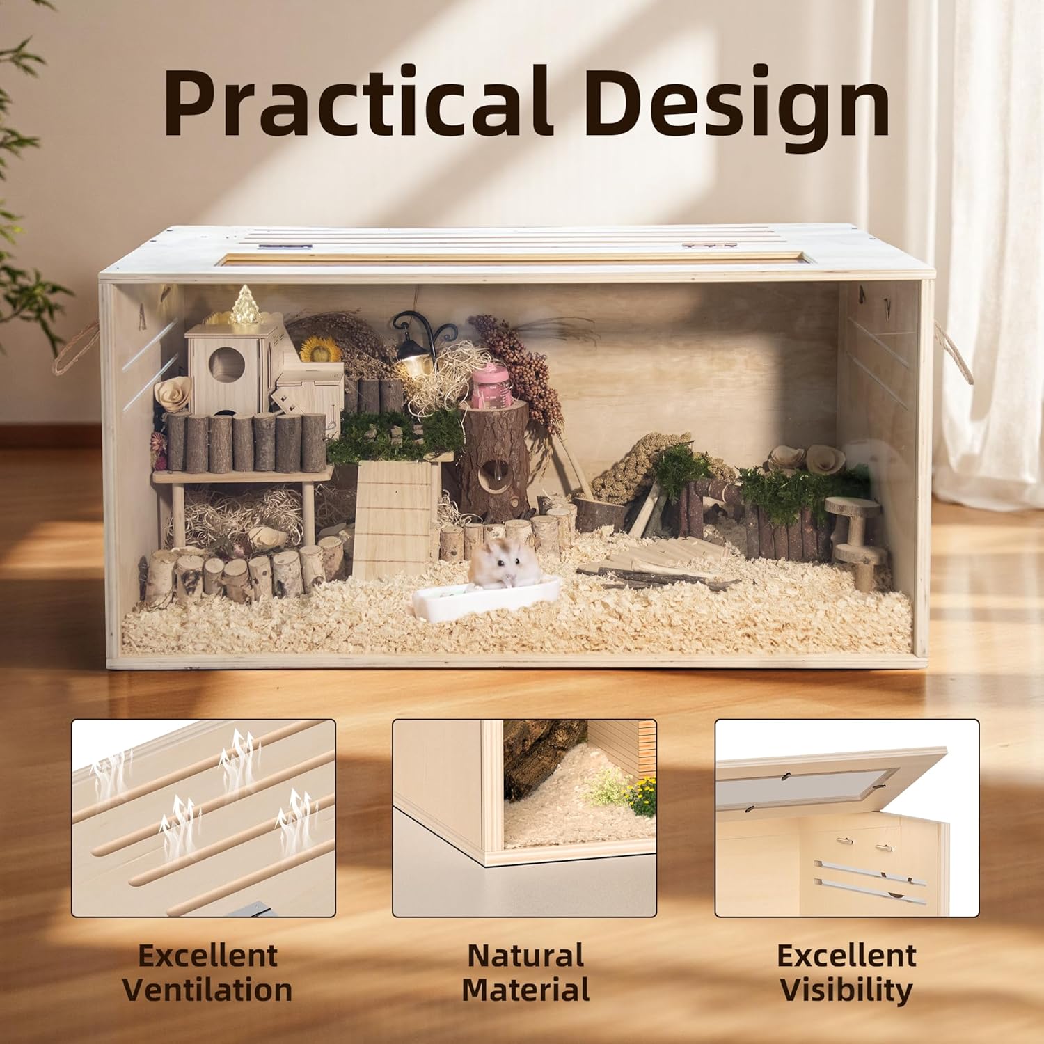 Chew-Proof Wooden Small Animal Cage with Acrylic Viewing Panels – 32” Modern Hamster, Guinea Pig & Rabbit Habitat with Open Top