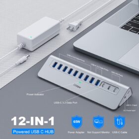 intpw 12-Port Powered USB C Hub - 10Gbps High Speed Data & 45W PD Charging with 65W Adapter, Aluminum Multiport Expansion for Laptop and PC