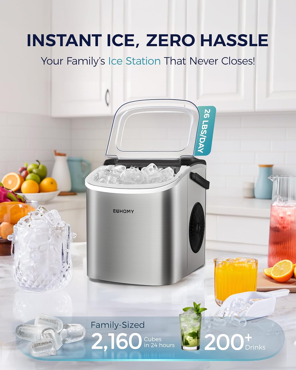 EUHOMY Ice Maker Machine for Countertop - 26lbs in 24Hrs, Portable Bullet Ice Maker with Self-Cleaning Function, LCD Digital Display, Ice Scoop & Basket, Perfect for Home, Kitchen, and Bar