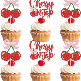 She's the Cherry On Top Cupcake Toppers – 24 PCS Glitter Fruit Picks for Baby Shower, Bridal Party & Birthday Cake Decorations