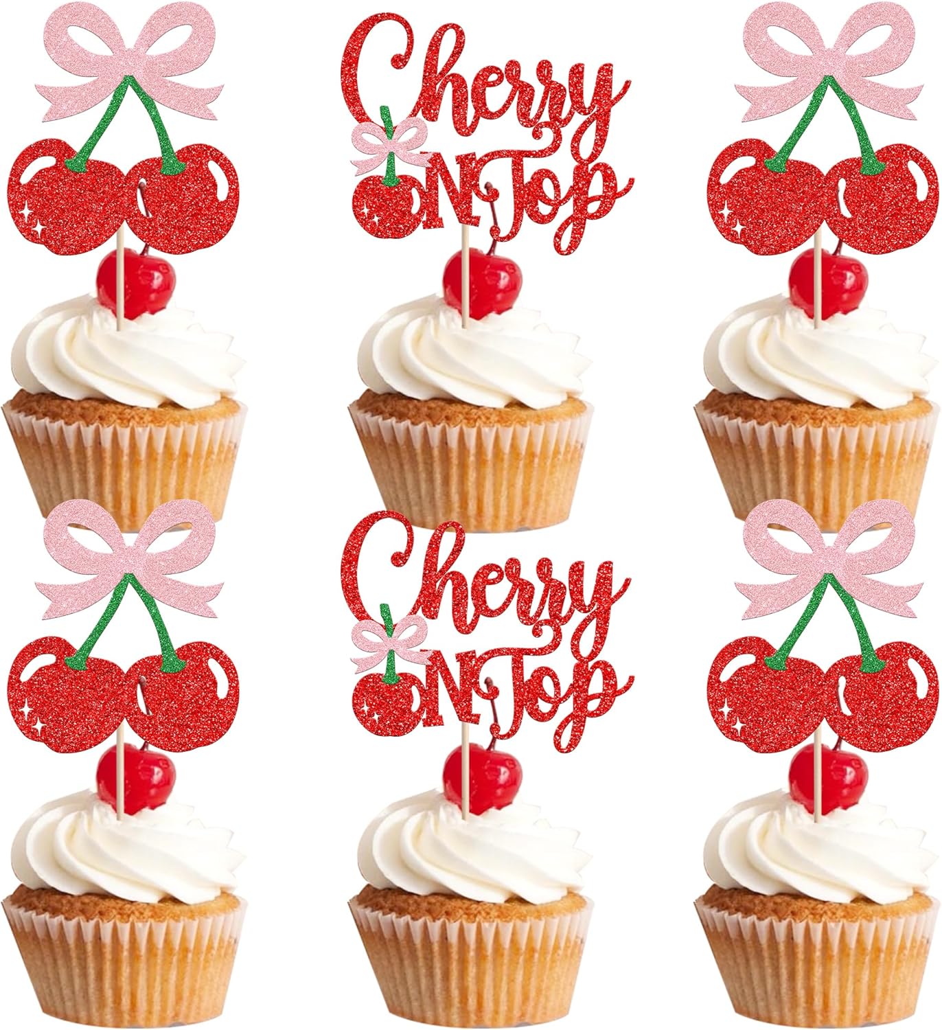 She's the Cherry On Top Cupcake Toppers – 24 PCS Glitter Fruit Picks for Baby Shower, Bridal Party & Birthday Cake Decorations