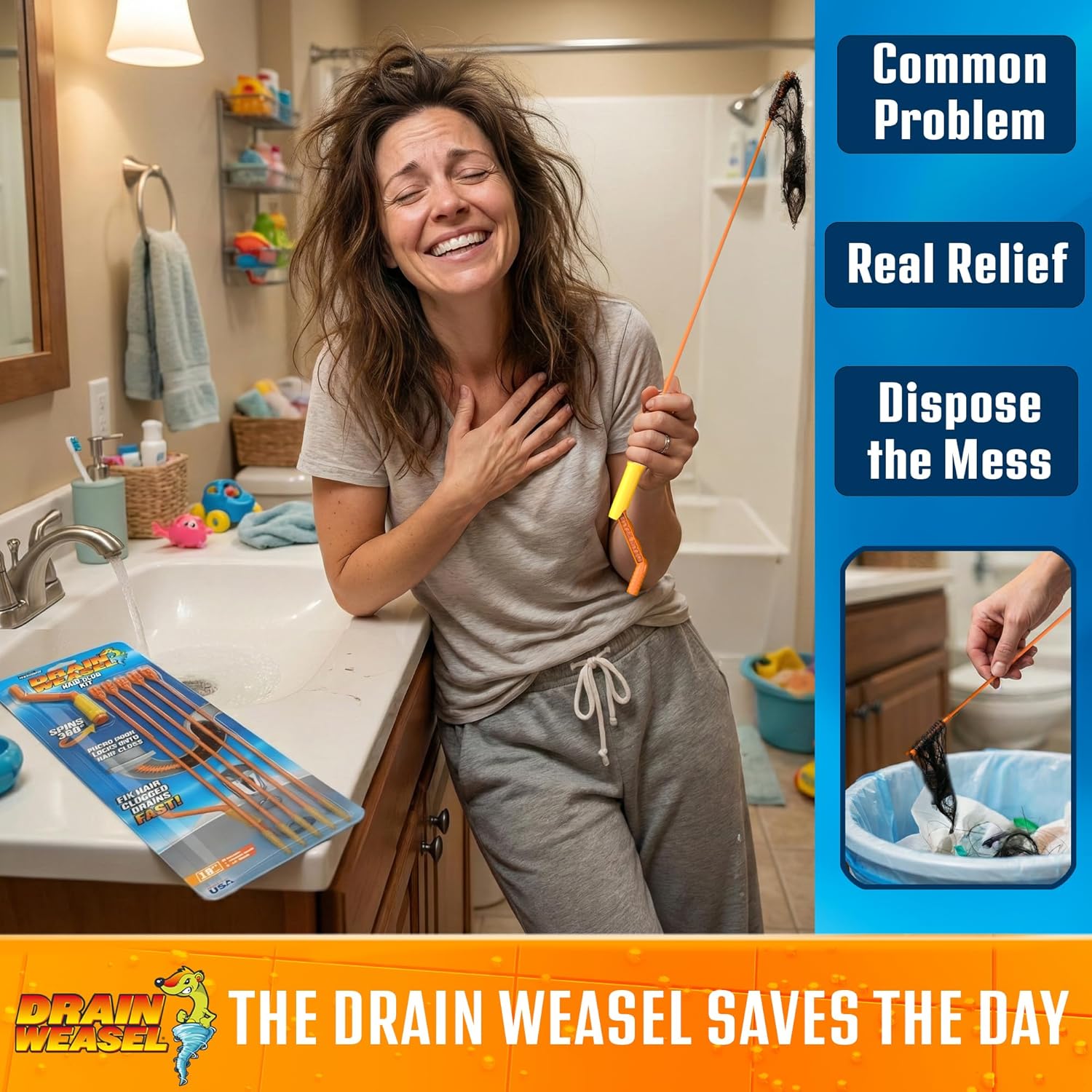 FlexiSnake Drain Weasel Hair Clog Remover – 18-Inch Sink & Bathtub Cleaner Tool with 5 Refill Wands & Quick-Connect Handle – Made in USA