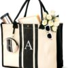LEAFICO Initial Canvas Tote Bag – Personalized Monogram Shoulder Handbag | Unique Letter Print Gift for Women, Bridesmaids, & Birthdays