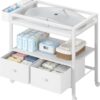 BOLUO Baby Changing Table with Drawers – Modern White Nursery Dresser & Diaper Station with Wheels and Storage Shelf