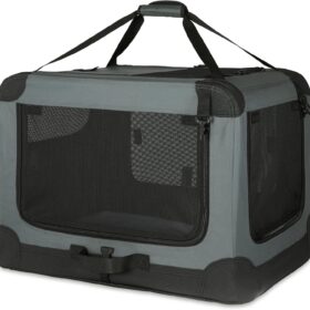 Amazon Basics Soft-Sided Folding Travel Crate & Kennel - 4-Door Portable Carrier for Dogs, Cats & Small Animals - Grey, Medium (30 Inch)