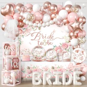 Cocomigo Rose Gold Bridal Shower Decorations (330-Piece Kit) – Complete 'Bride to Be' Party Set with 350gsm Tableware, Balloon Arch, Photo Props, Veil & Sash for 25 Guests