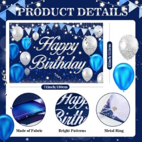 Blue & Silver Happy Birthday Banner - Large 71x45 inch Polyester Party Backdrop Decorations for Men, Women, Boys & Girls