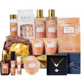 Luxury Coconut Vanilla Spa Gift Basket for Women - 16 Piece Self-Care Kit with Jewelry & Nails in Keepsake Storage Box