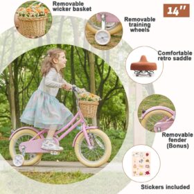 Glerc Little Molly Retro Girls Cruiser Bike – 14 Inch Vintage Bicycle with Wicker Basket, Training Wheels, and Kickstand for Toddlers & Kids