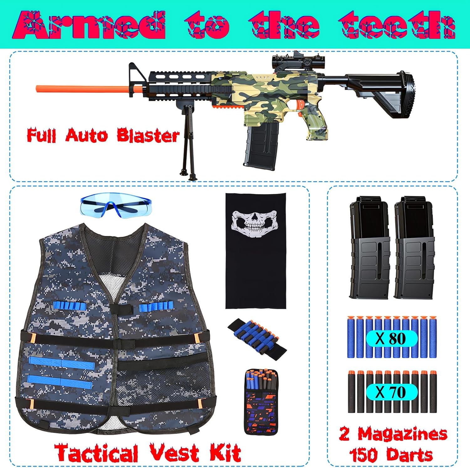 Electric Sniper Rifle Foam Blaster Kit with Tactical Vest & Rechargeable Battery – 150 Darts, Scope, Bipod, & 3-Burst Modes for Outdoor Play