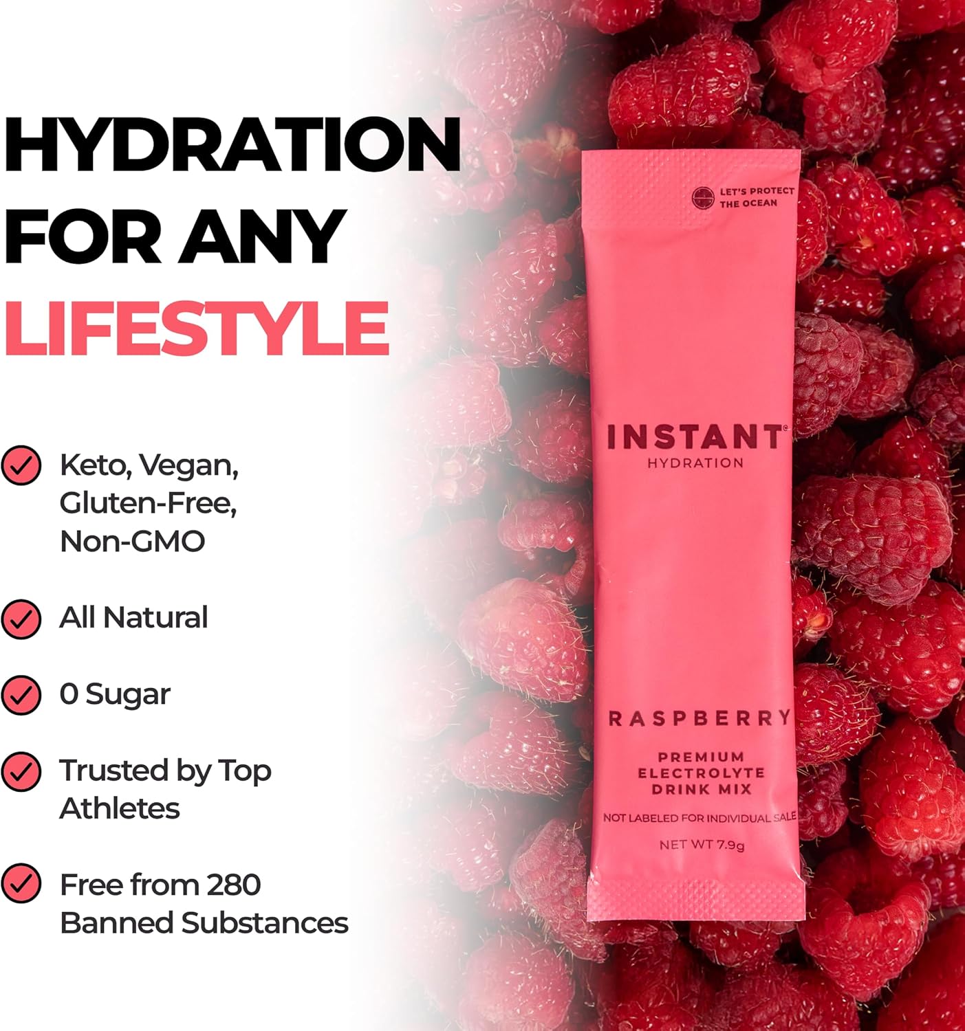 Raspberry Electrolytes Powder - Keto-Friendly Hydration Drink Mix - Zero Sugar, Gluten-Free, Non-GMO - Supports Muscle Recovery & Brain Health - 30 Stick Packets