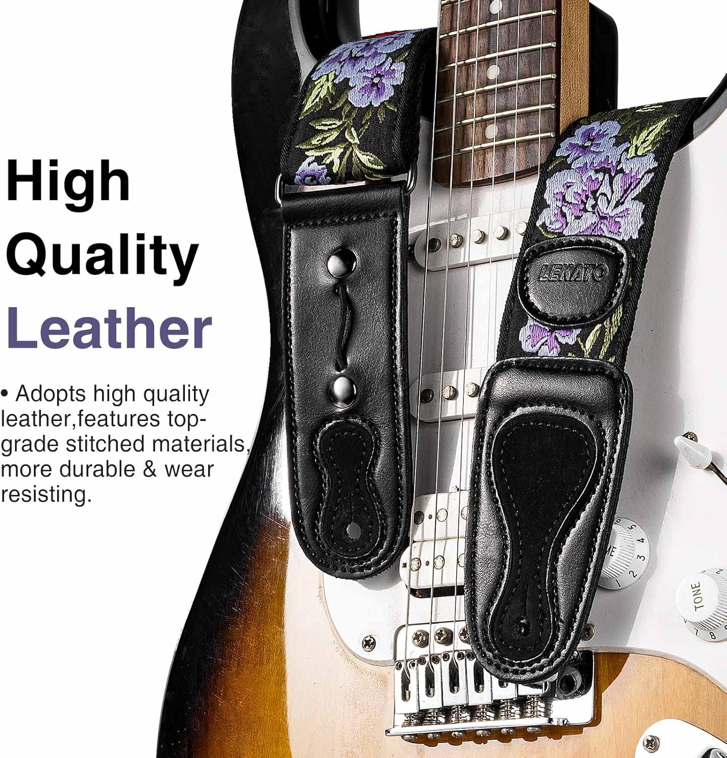 LEKATO Flower Guitar Strap for Bass & Electric - 2 Inch Vintage Woven Cotton Strap with Leather Ends, Pick Holder & Strap Locks Included