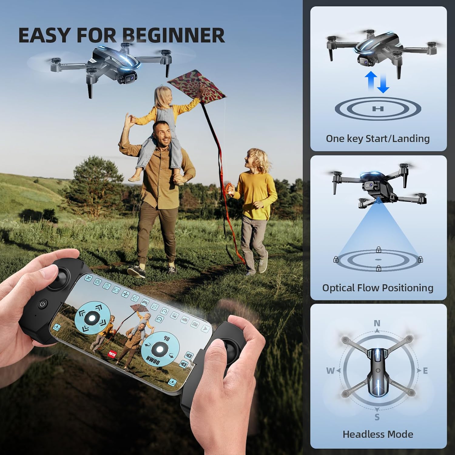 1080P HD Camera Drone for Beginners and Kids - Foldable FPV RC Quadcopter with Altitude Hold, Gesture Selfie, 3D Flips, and 2 Batteries