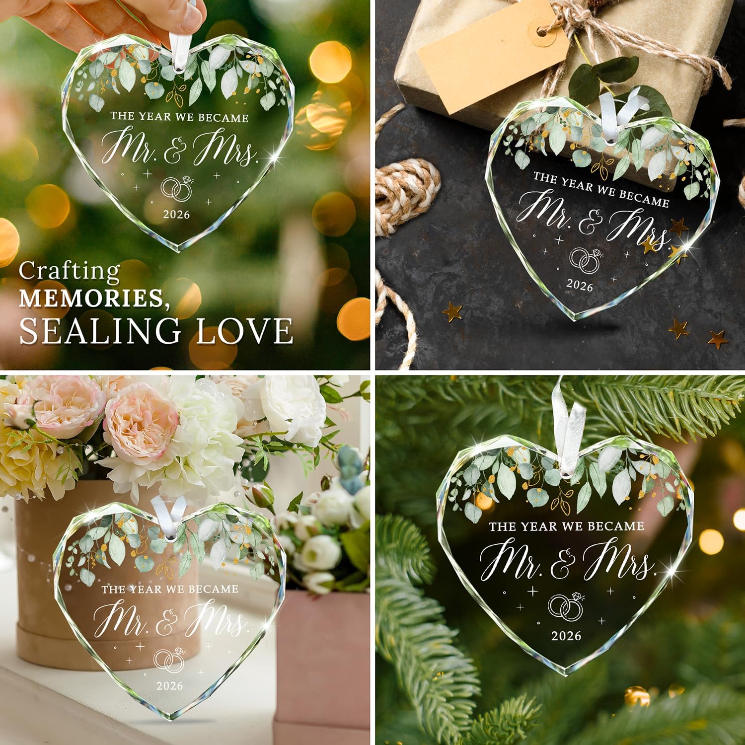 HEXMOZ Mr & Mrs 2026 Wedding Ornament - Heart Shaped Glass Christmas Decoration for Newlyweds, Couple Keepsake Gift, Bridal Shower Present with Elegant Gift Box