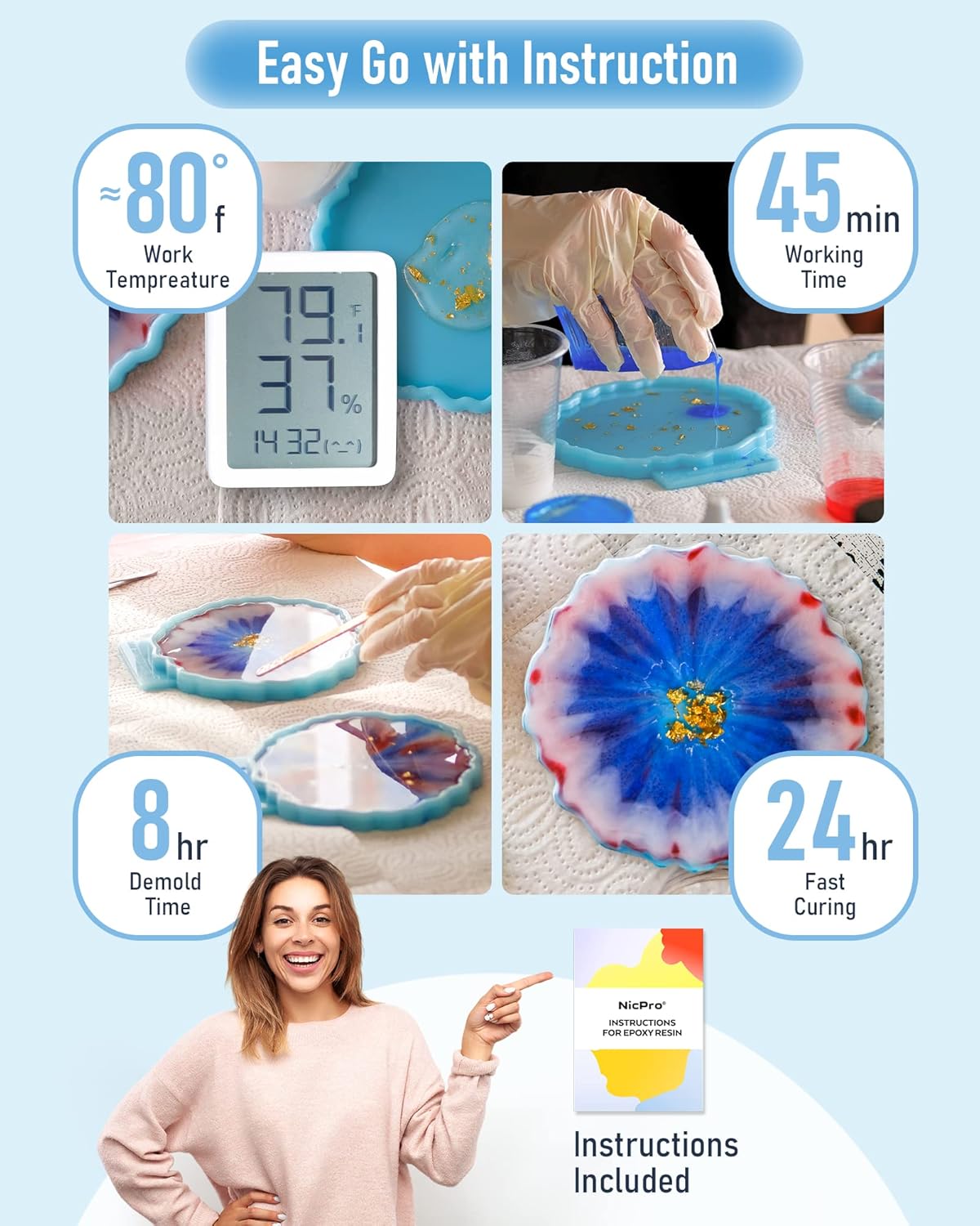 Nicpro 8oz Crystal Clear Epoxy Resin Kit – Food Grade, Self-Leveling Formula for DIY Art, Casting, Jewelry Making & Table Coating