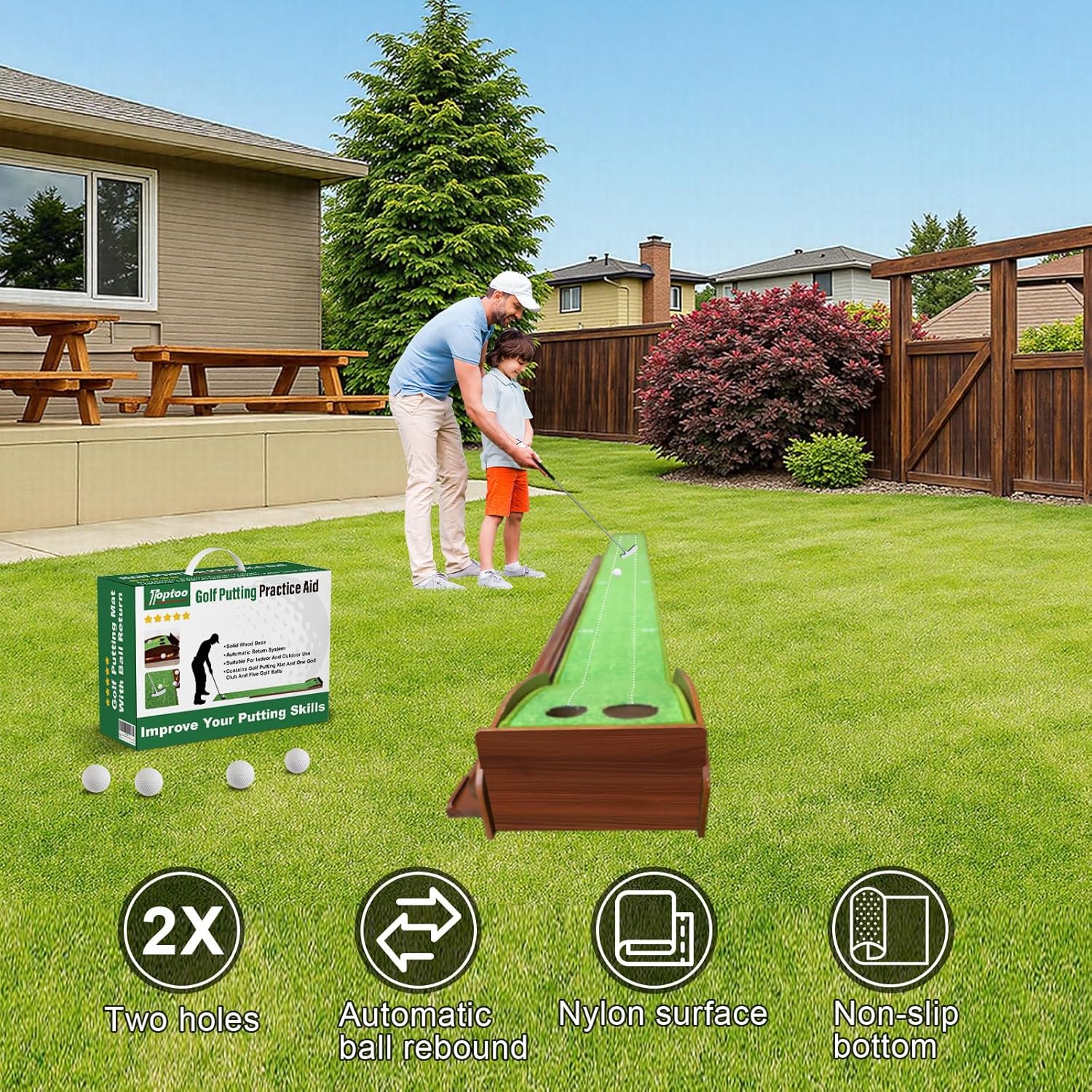 Toptoo Golf Putting Mat with Automatic Ball Return – 9.84 ft Indoor/Outdoor Practice Green with Putter & 5 Balls
