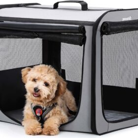 Portable Foldable Dog Car Carrier – Lightweight, Breathable Travel Crate with Privacy Shades & Washable Pad (Gray, 24'')