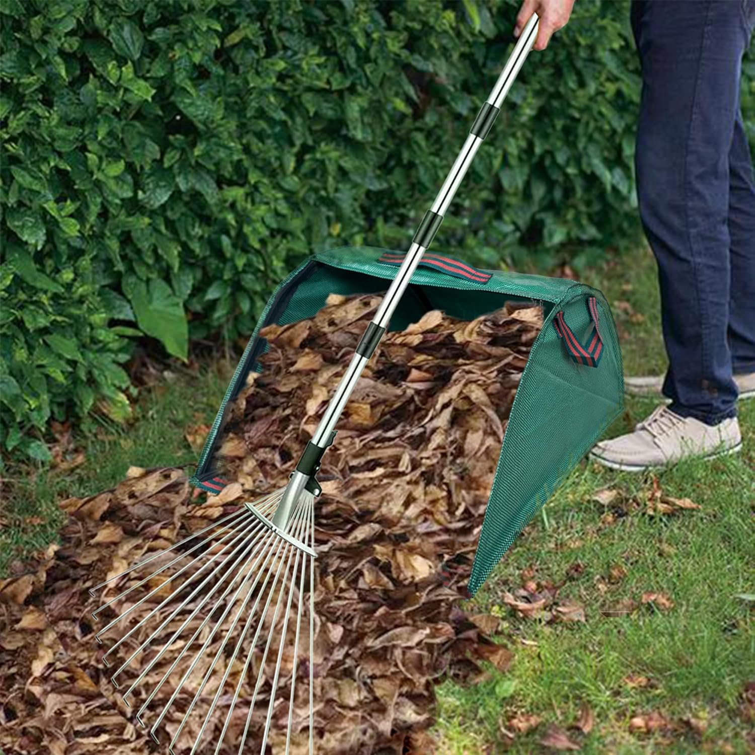 AimGrowth Adjustable Garden Leaf Rake with Leaf Collector & 15-Tine Expandable Head – Heavy Duty Collapsible Metal Yard Rake for Lawns, Shrubs, and Flower Beds