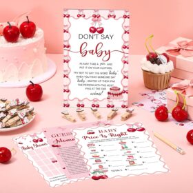 Patelai 'She's the Cherry on Top' Baby Shower Games Kit – 321-Piece Don't Say Baby Set with Wooden Sign, Cherry Clothespins, Game Cards & Pencils – Cute Gender Reveal & Party Decorations