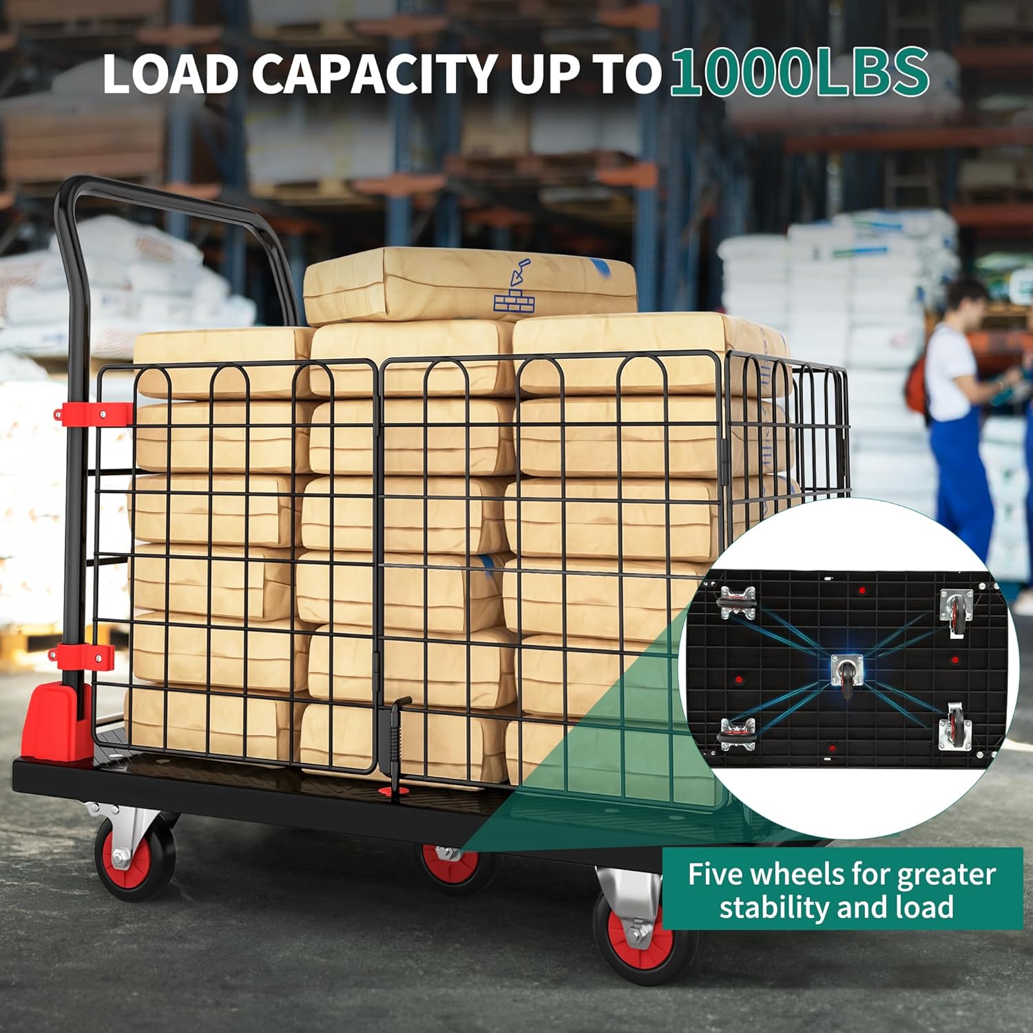 YITAHOME Heavy-Duty Folding Platform Truck – 1000 lbs Capacity Collapsible Utility Cart with Wheels, Weather-Resistant Push Dolly with Cage for Warehouse, Garage, and Office