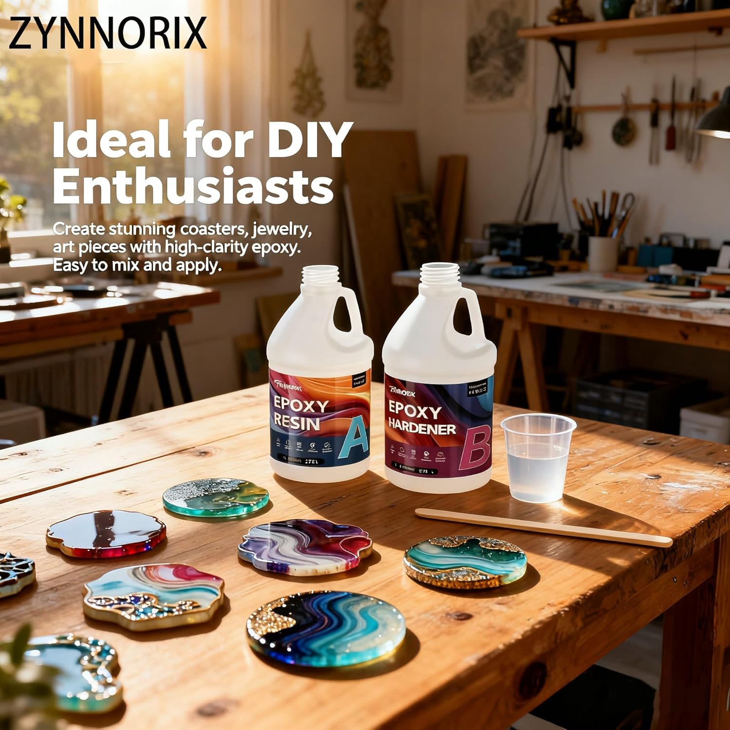 Zynnorix 1 Gallon Crystal Clear Epoxy Resin Kit – 1:1 Ratio, Self-Leveling & UV Resistant for River Tables, Woodworking, DIY Art & Casting