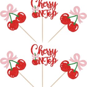 She's the Cherry On Top Cupcake Toppers – 24 PCS Glitter Fruit Picks for Baby Shower, Bridal Party & Birthday Cake Decorations