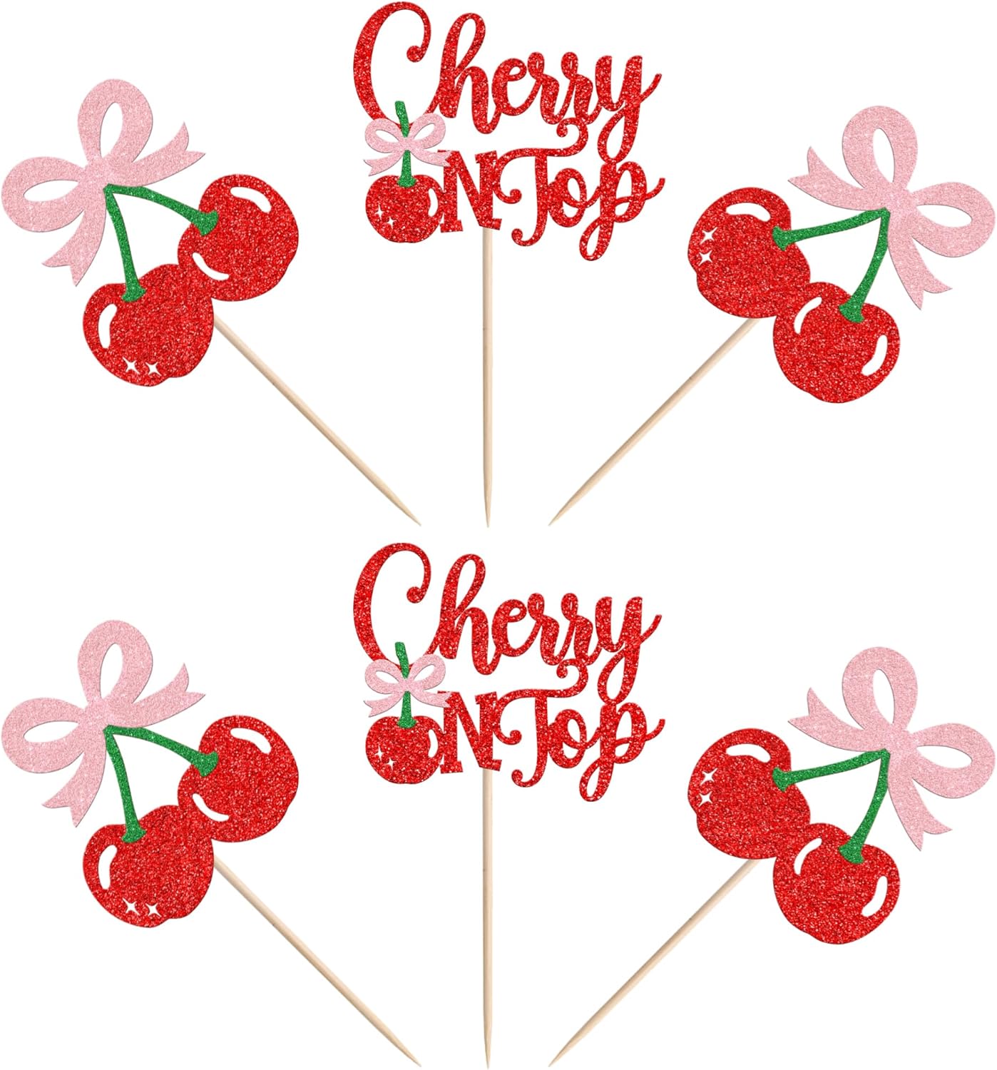 She's the Cherry On Top Cupcake Toppers – 24 PCS Glitter Fruit Picks for Baby Shower, Bridal Party & Birthday Cake Decorations