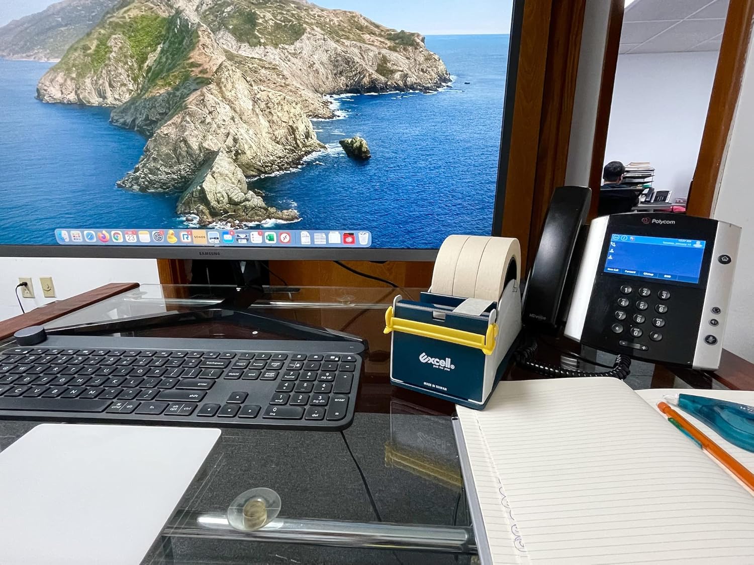 WOD TTD3SD Blue & Gray Steel Desktop Tape Dispenser - Adjustable 1 to 3 Inch Roll Capacity with Non-Slip Weighted Base