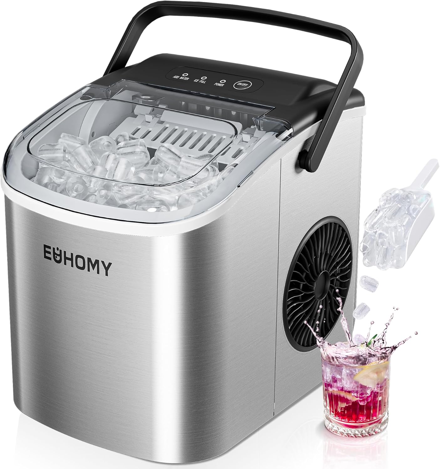 EUHOMY Ice Maker Machine for Countertop - 26lbs in 24Hrs, Portable Bullet Ice Maker with Self-Cleaning Function, LCD Digital Display, Ice Scoop & Basket, Perfect for Home, Kitchen, and Bar