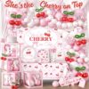 Cherry 'She's the Cherry on Top' Baby Shower Decorations Kit - Complete Pink Red Party Supplies Set with Balloon Arch, Backdrop, Tableware & Bows for Girl Baby Shower