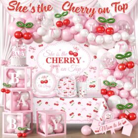 Cherry 'She's the Cherry on Top' Baby Shower Decorations Kit - Complete Pink Red Party Supplies Set with Balloon Arch, Backdrop, Tableware & Bows for Girl Baby Shower