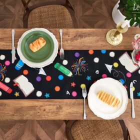 Letjolt Back to School Table Runner – 72 inch Graduation & Teacher Appreciation Party Decor – Educational Crayon & Book Design – Linen-Like Fabric