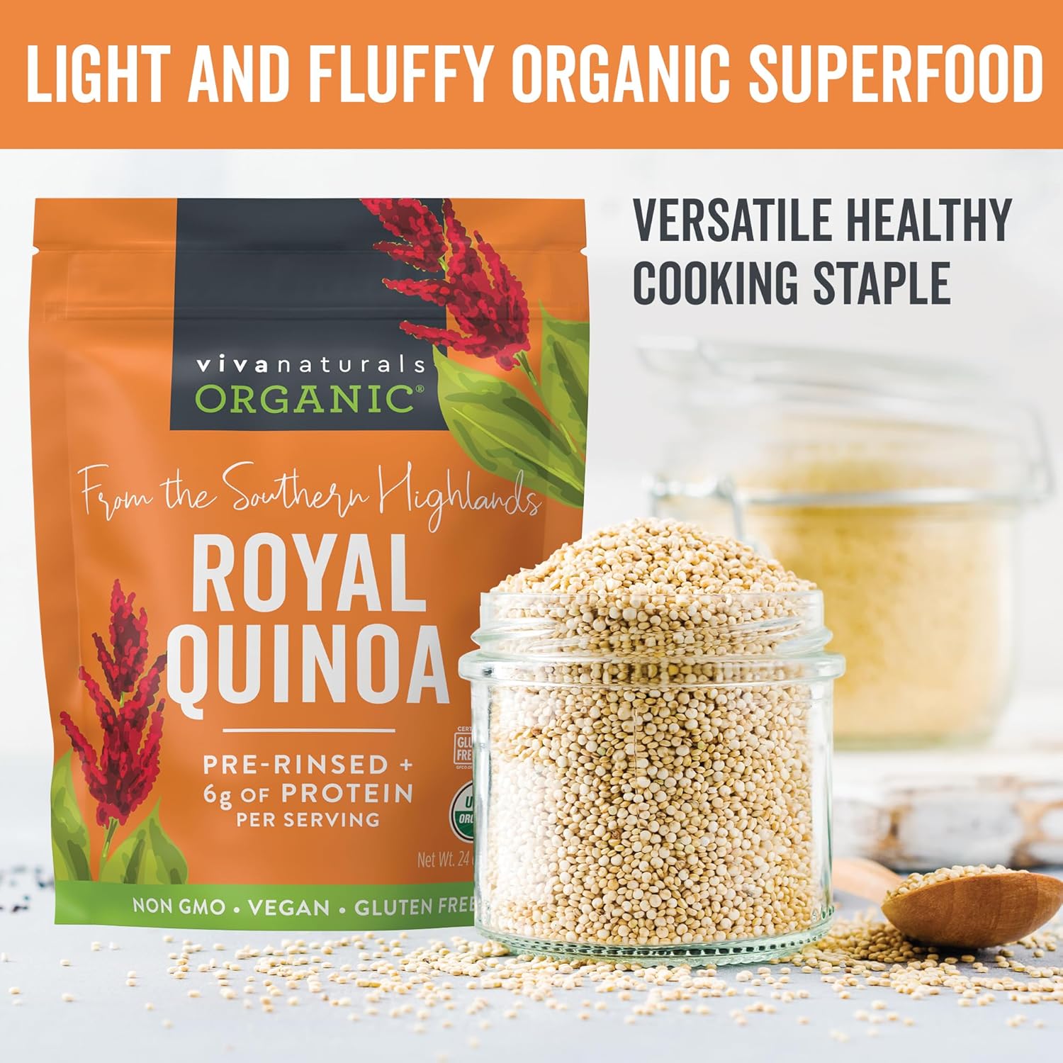 Viva Naturals Organic White Quinoa – 24 oz (1.5 lb) | Pre-Washed, USDA Certified, Gluten-Free & Non-GMO Plant Protein